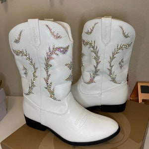 Girls Kids Size Rhinestone Cowgirl Boots White Crystal AB Boots Party Country Girl Cowboy Boots Glitter Embroidered Western Mid Calf