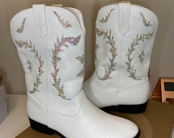 Girls Kids Size Rhinestone Cowgirl Boots White Crystal AB Boots Party Country Girl Cowboy Boots Glitter Embroidered Western Mid Calf