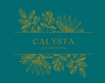 Op de afbeelding: Een gouden logo-ontwerp met de tekst "CALYSTA COSMETICS" in een serif-lettertype. Het logo wordt omringd door een rand van gouden bloemillustraties op een teal achtergrond.