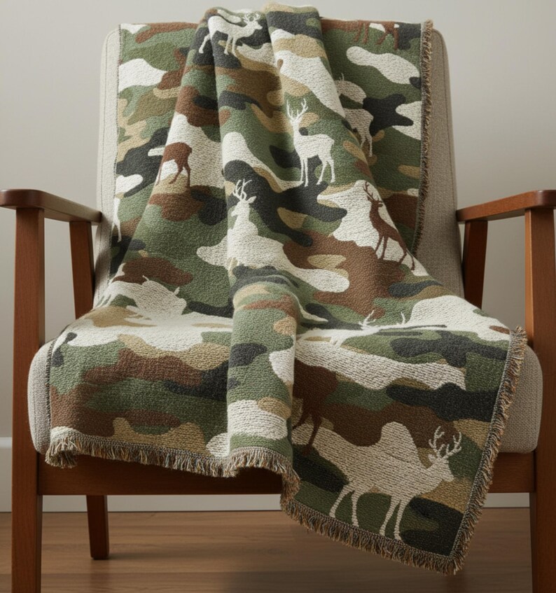 Puede incluir: Una manta con estampado de camuflaje sobre un sill&oacute;n de madera. La manta presenta un patr&oacute;n repetido de siluetas de ciervos en tonos verdes, marrones y beige. La manta tiene un borde con flecos.