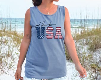 Patriotic Tank Top 4th of July Shirt, USA Flag Sleeveless Tee Vintage Independence Day Clothing Americana Muscle Shirt Red White Blue