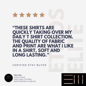 May include: Five star review for a t-shirt company. The review reads "These shirts are quickly taking over my daily t-shirt collection. The quality of fabric and print are what I like in a shirt, soft and long lasting." The review is from a verified Etsy buyer.