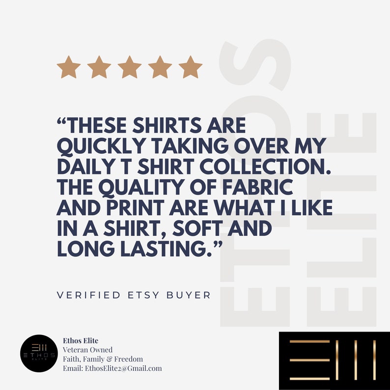 May include: Five star review for a t-shirt company. The review reads "These shirts are quickly taking over my daily t-shirt collection. The quality of fabric and print are what I like in a shirt, soft and long lasting." The review is from a verified Etsy buyer.