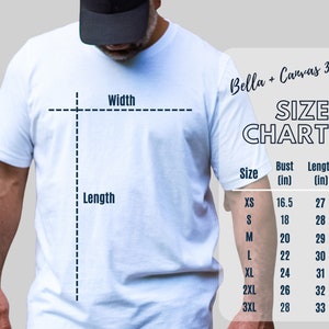 May include: Size chart for Bella + Canvas 3001 t-shirts, showing bust and length measurements in inches for sizes XS to 3XL.