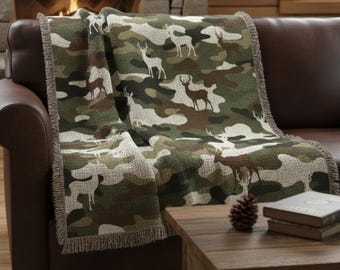 Hunting Camo Cabin Blanket | Woven Rustic Lodge Decor, Camouflage Blanket Gift for Him Hunting Gift for Dad Man Cave Gift