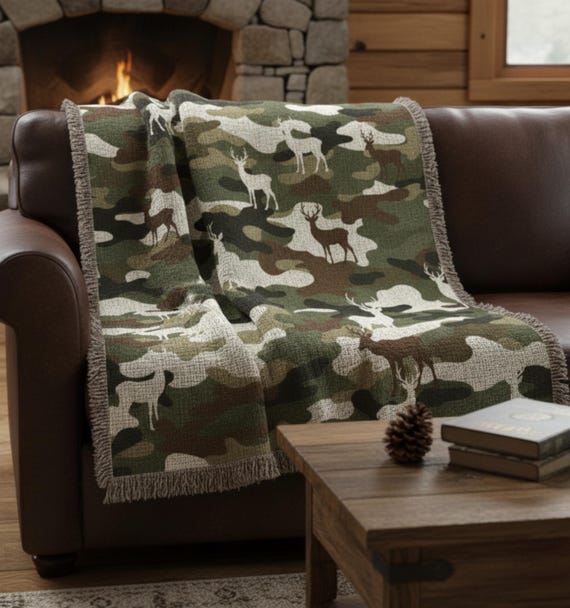 Hunting Camo Cabin Blanket | Woven Rustic Lodge Decor, Camouflage Blanket Gift for Him Hunting Gift for Dad Man Cave Gift