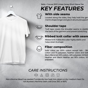 May include: A white short-sleeved t-shirt with a crew neck. The t-shirt has side seams, shoulder tape, and a ribbed knit collar with a seam. The t-shirt is made of 100% cotton, except for Ash, which is 99% cotton and 1% polyester. Heather colors and Solid Black Blend are 52% cotton and 48% polyester. Athletic Heather and Black Heather are 90% cotton and 10% polyester. Care instructions include: Non-chlorine bleach as needed, tumble dry low heat, iron, steam or dry medium heat, do not dry clean, machine wash cold (max 30C or 90F).