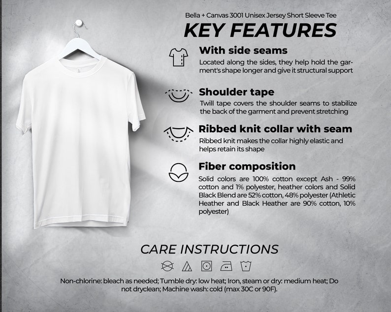May include: A white short-sleeved t-shirt with a crew neck. The t-shirt has side seams, shoulder tape, and a ribbed knit collar with a seam. The t-shirt is made of 100% cotton, except for Ash, which is 99% cotton and 1% polyester. Heather colors and Solid Black Blend are 52% cotton and 48% polyester. Athletic Heather and Black Heather are 90% cotton and 10% polyester. Care instructions include: Non-chlorine bleach as needed, tumble dry low heat, iron, steam or dry medium heat, do not dry clean, machine wash cold (max 30C or 90F).