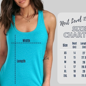 May include: Size chart for a turquoise tank top with measurements in inches. The chart shows bust and length measurements for sizes XS, S, M, L, XL, and 2XL.