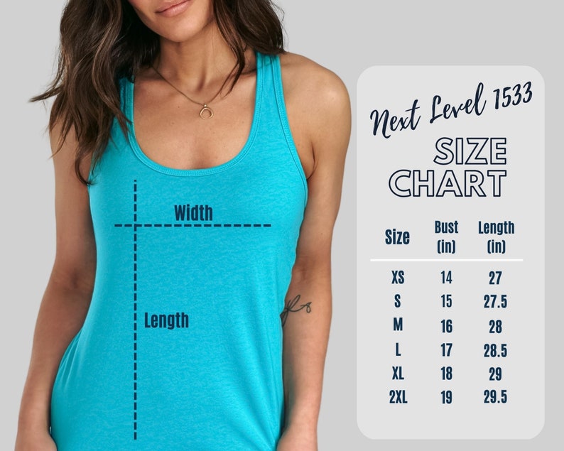 May include: Size chart for a turquoise tank top with measurements in inches. The chart shows bust and length measurements for sizes XS, S, M, L, XL, and 2XL.