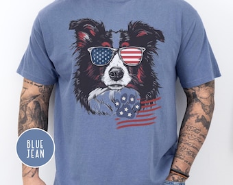Patriotic Border Collie Unisex Tee - Dog Owner Gift Shirt, USA Flag Animal Lover Top, Independence Day Apparel, Fourth of July Clothing,
