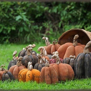 May include: A group of handmade fabric pumpkins in various shades of brown, orange, and black, spilling out of a wooden basket. The pumpkins are arranged on a bed of green grass.