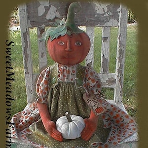 Puede incluir: Una muñeca de calabaza hecha a mano que lleva un vestido verde y blanco con estampado floral. La muñeca sostiene una calabaza blanca y tiene una etiqueta que dice "Pick of the Patch".