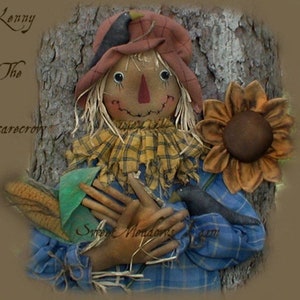 E-Pattern Primitive Scarecrow Lenny with Corn, Sunflower, Crows, Big Feet