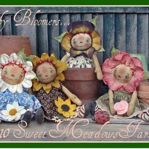 Puede incluir: Cuatro muñecas de tela hechas a mano vestidas como flores. Las muñecas están sentadas en una superficie de madera con un fondo rústico. Las muñecas llevan vestidos coloridos y tienen caras pintadas. Las muñecas están etiquetadas como "Baby Bloomers... 2010 Sweet Meadows Farm".