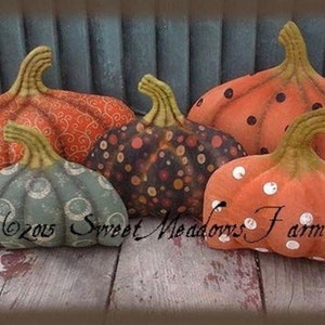 Op de afbeelding: Vijf handgemaakte stoffen pompoenen in verschillende patronen en kleuren. De pompoenen zijn oranje, groen en bruin met stippen, swirls en cirkels. De pompoenen zijn in een rij op een houten oppervlak gerangschikt.