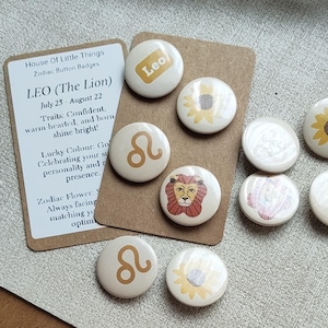 Leo Zodiac Button Badges, Lion, Sunflower, Astrology Pin Set