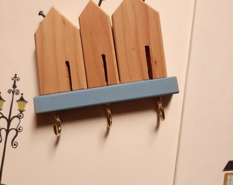 Handmade Wooden House Key Holder: Colorful Wall Hooks. CUSTOMISABLE