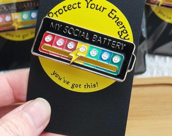 Sliding Social Battery Enamel Pin. Interactive mood Tracker.
