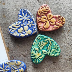 Handmade Floral Heart Magnets, Embossed Air-Dry Clay Botanical Charm