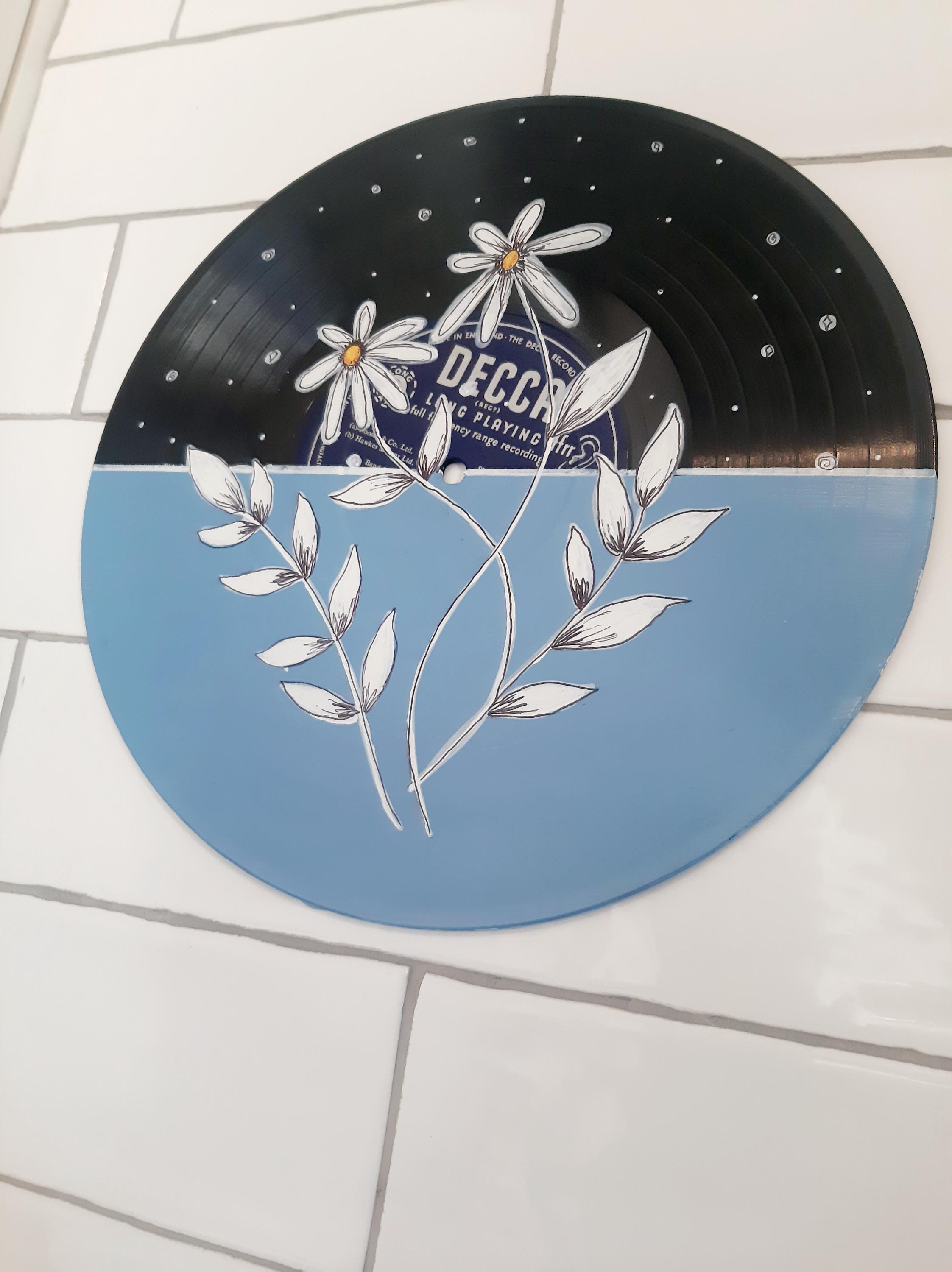 Daisy Floral Painted Vinyl Record Wall Art, Upcycled Record Decor