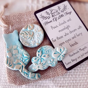 Handmade Cat, Cloud and Moon Magnets, Floral Clay Fridge Decor, Whimsical Gift for Cat Lovers & Dreamers