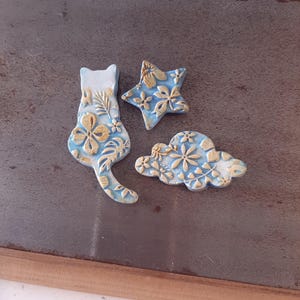 Handmade Cat, Cloud and Star Magnets, Floral Clay Fridge Decor, Whimsical Gift for Cat Lovers & Dreamers