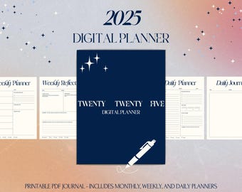 May include: A digital planner for 2025 with a navy blue cover featuring white stars and the text "TWENTY TWENTY FIVE DIGITAL PLANNER". The planner includes weekly and daily pages.