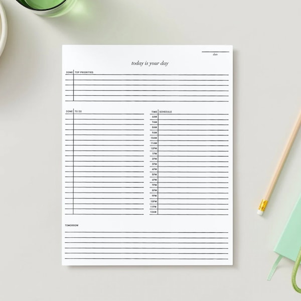 Today is your Day Printable Notepad, Printable Daily Planner, Minimalist Daily Schedule, ADHD Productivity Planner, Hourly Planner