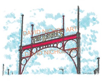 May include: A hand-drawn illustration of a red metal archway with the words "The Barras" in gold lettering. The archway is set against a blue sky with white clouds.