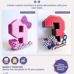 Puede incluir: Un paquete de plantillas de números en 3D del 0 al 9 para descarga digital que muestra ejemplos de un número 9 rosa decorado con un lazo y flores con el nombre Antonella, y un número 3 rojo con un camión monstruo y bandera a cuadros.