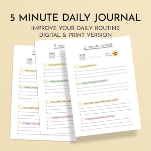 Diario fácil de 5 minutos / A4 / Carta imprimible y digital / Diario fácil de autocuidado, atención plena y gratitud