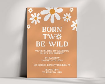TWO WILD BIRTHDAY Second Birthday Invitation, Daisy Second Birthday Invite Printable, Girl Second Birthday Invitation