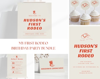 May include: A printable party bundle for a first birthday rodeo themed party. The bundle includes a welcome sign, invitation, cupcake toppers, and a baby's first rodeo milestone sign. The color scheme is red and white.