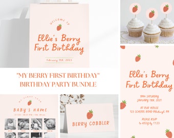 BERRY FIRST BIRTHDAY Invitation Bundle, Printable Invitation 1st Birthday, Berry Birthday Decor Printable First Birthday Girl