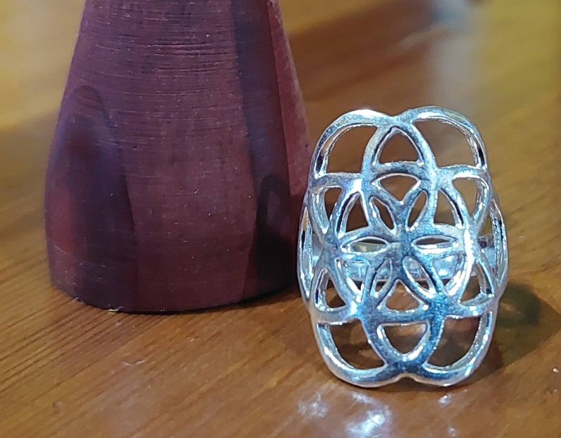 Puede incluir: Un anillo de plata con un dise&ntilde;o geom&eacute;trico que se asemeja a una flor de la vida.