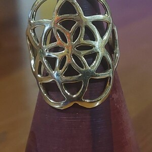 Puede incluir: Un anillo de color dorado con un dise&ntilde;o geom&eacute;trico que se asemeja a una flor. El anillo se muestra en un soporte de anillo de madera.