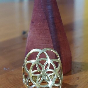 Puede incluir: Un anillo de color dorado con un dise&ntilde;o geom&eacute;trico que se asemeja a una flor. El anillo est&aacute; sobre una superficie de madera.