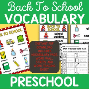 BACK TO SCHOOL theme vocabulary page, word wall strips, and tracing worksheet | Preschool | Digital Download