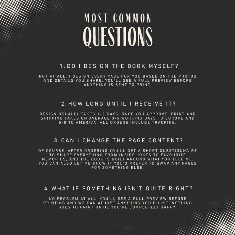 K&ouml;nnte beinhalten: Eine schwarze Infografik mit wei&szlig;em Text unter der &Uuml;berschrift MOST COMMON QUESTIONS. Sie listet vier nummerierte Punkte zu Dienstleistungen f&uuml;r individuelle Buchgestaltung auf, einschlie&szlig;lich Details zu Zeitpl&auml;nen und Freigabeprozessen.