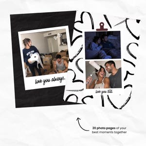 K&ouml;nnte beinhalten: Eine Fotoalbumseite mit drei Schnappsch&uuml;ssen eines Paares. Das linke Foto zeigt sie beim Umzug mit Verpackungsmaterial, beschriftet mit "love you always". Die rechten Fotos zeigen sie beim Entspannen und Streichen, beschriftet mit "love you still". Text: 20 photo pages of your best moments together.