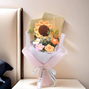 Gehäkelter Blumenstrauß, handgemachter Sonnenblumen-Gänseblümchen-Blumenstrauß, Valentinstag, Jahrestag, Hochzeit, Muttertag, Geburtstagsgeschenk
