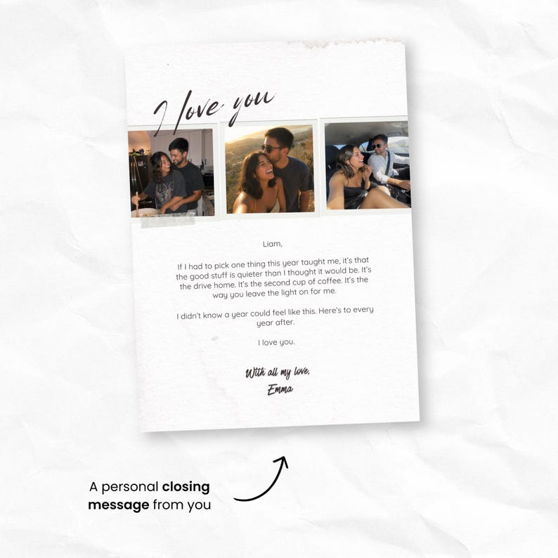 K&ouml;nnte beinhalten: Eine wei&szlig;e rechteckige Karte mit dem Text I love you oben, gefolgt von drei quadratischen Fotos eines Paares. Unter den Fotos befindet sich ein gedruckter Brief an Liam, der eine pers&ouml;nliche Nachricht enth&auml;lt und von Emma signiert ist.