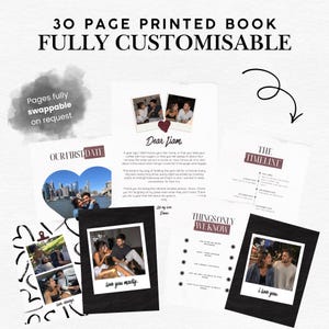 K&ouml;nnte beinhalten: Ein gedrucktes Buch mit 30 Seiten und anpassbaren Layouts, das pers&ouml;nliche Fotos, handschriftliche Texte und Zeitstrahl-Grafiken enth&auml;lt. Die Seiten zeigen &Uuml;berschriften wie Our First Date, Dear Liam, The Timeline, Things Only We Know und Love You Madly.