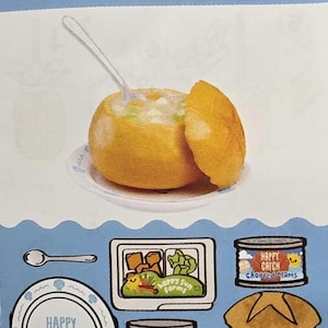 May include: An illustration of clam chowder served in a bread bowl, with a spoon. Additional images include a plate with the text "Happy as a Clam", a container of chopped clams, and a container of cream base.