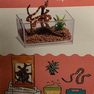 May include: A clear plastic terrarium with a brown and orange snake figurine, a small green plant, and a wood branch. Additional items include a bag of desert mix, a box labeled "Desert Tails", and a card with a desert scene.
