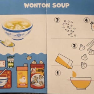 May include: A colorful illustration of wonton soup with step-by-step instructions. The image includes a bowl of soup, a spoon, and various ingredients. Text at the top reads "WONTON SOUP".