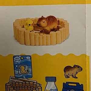 May include: A yellow and brown capybara toy in a miniature pool with a yellow duck figurine. The image also includes a bottle of water, a box, and a card with a duck graphic. The word "CAPYBARA" is at the top.