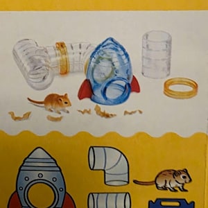 May include: A clear plastic gerbil habitat set with a rocket-shaped house, tunnels, and a small gerbil. The set includes a blue and red rocket house, clear tubes, and a small cardboard box.