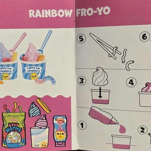 May include: An illustrated guide for making Rainbow Fro-Yo. The image shows two cups of colorful soft serve with spoons, gummy worms, and instructions. The text includes "Happy Sun Creamery" and "Rainbow Fro-Yo".